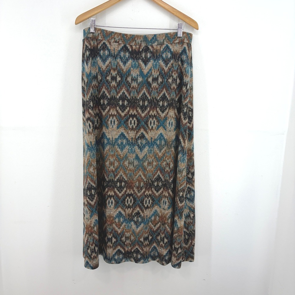 Evan-Picone Womens XL Ikat Geometric Metallic Knit Maxi Skirt Brown Blue Gold
